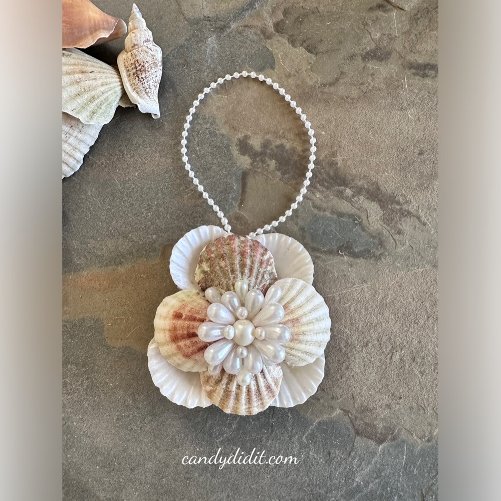 NWT One Of A Kind Shell & Pearl Handmade Shell Flower Ornament By Candy Did It!